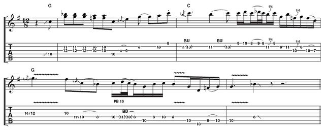 Play blues guitar like Stevie Ray Vaughan Example 3: Using doublestops and some quicker phrasing, this example also features a tricky bend on the fourth string, something Stevie did often. The flow of ideas is pretty constant with only the occasional pause, in this case at the end of bar 4.